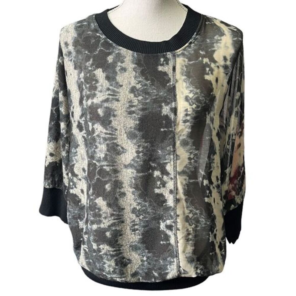 Alberto‎ Makali Abstract Print Sheer Blouse Top M Black White Cream